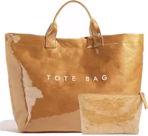 PVC Trendy Tote Bag for Women, Kraft Paper Letter Print Tote Bag Large Work Tote Handbag with Top Handle