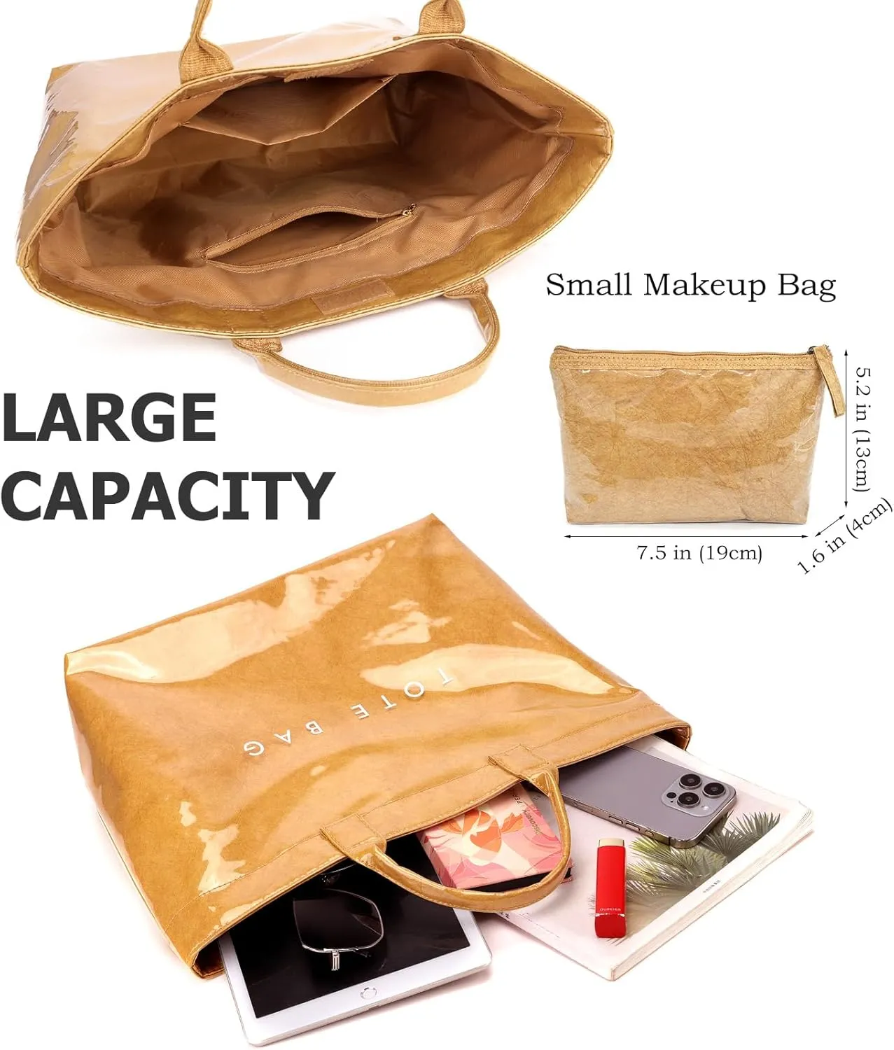 PVC Trendy Tote Bag for Women, Kraft Paper Letter Print Tote Bag Large Work Tote Handbag with Top Handle