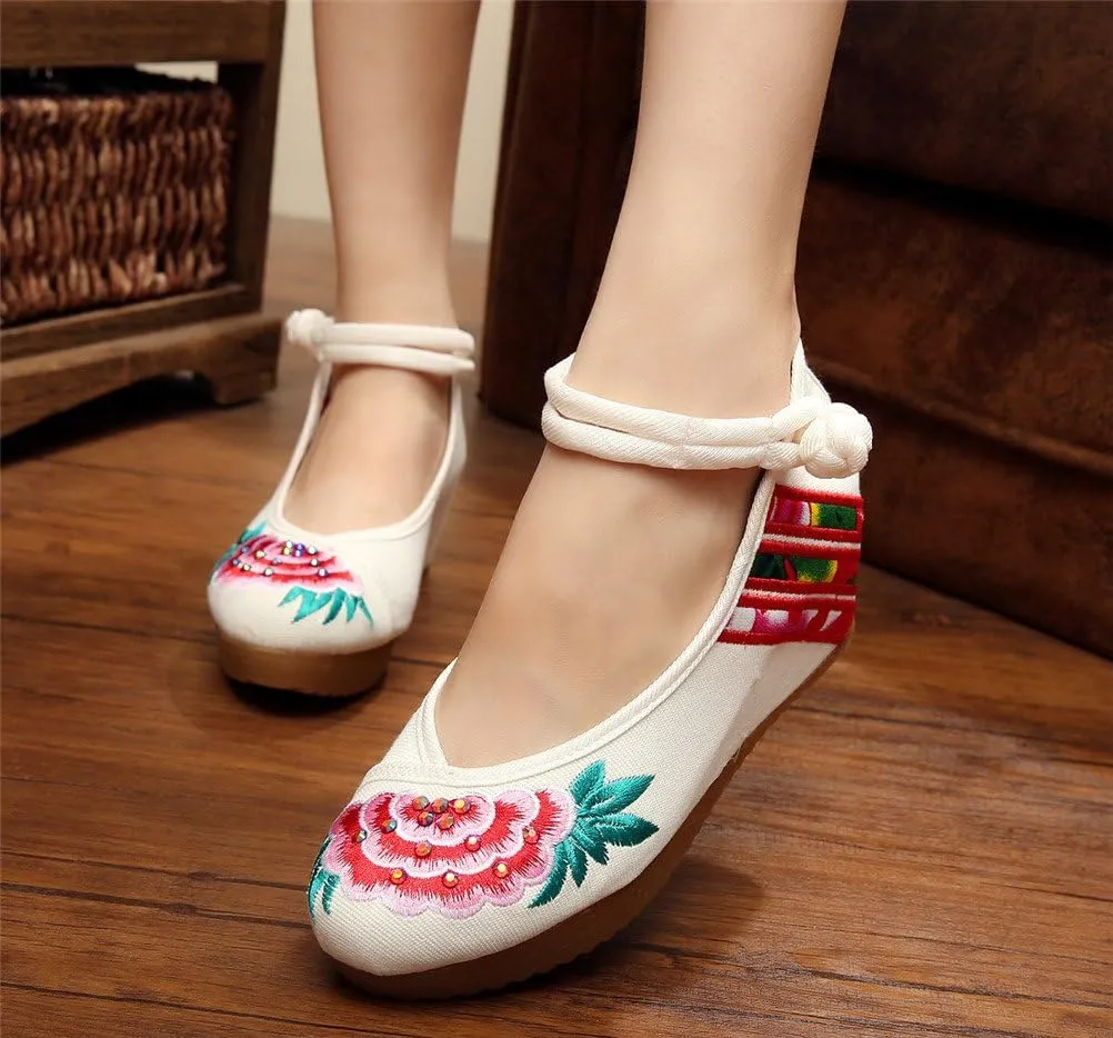 Qianmome Chinese Womens Peony Embroidery Cheongsam Casual Platform Wedges Canvas Mary Jane