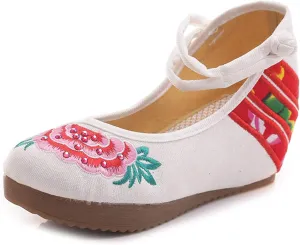Qianmome Chinese Womens Peony Embroidery Cheongsam Casual Platform Wedges Canvas Mary Jane