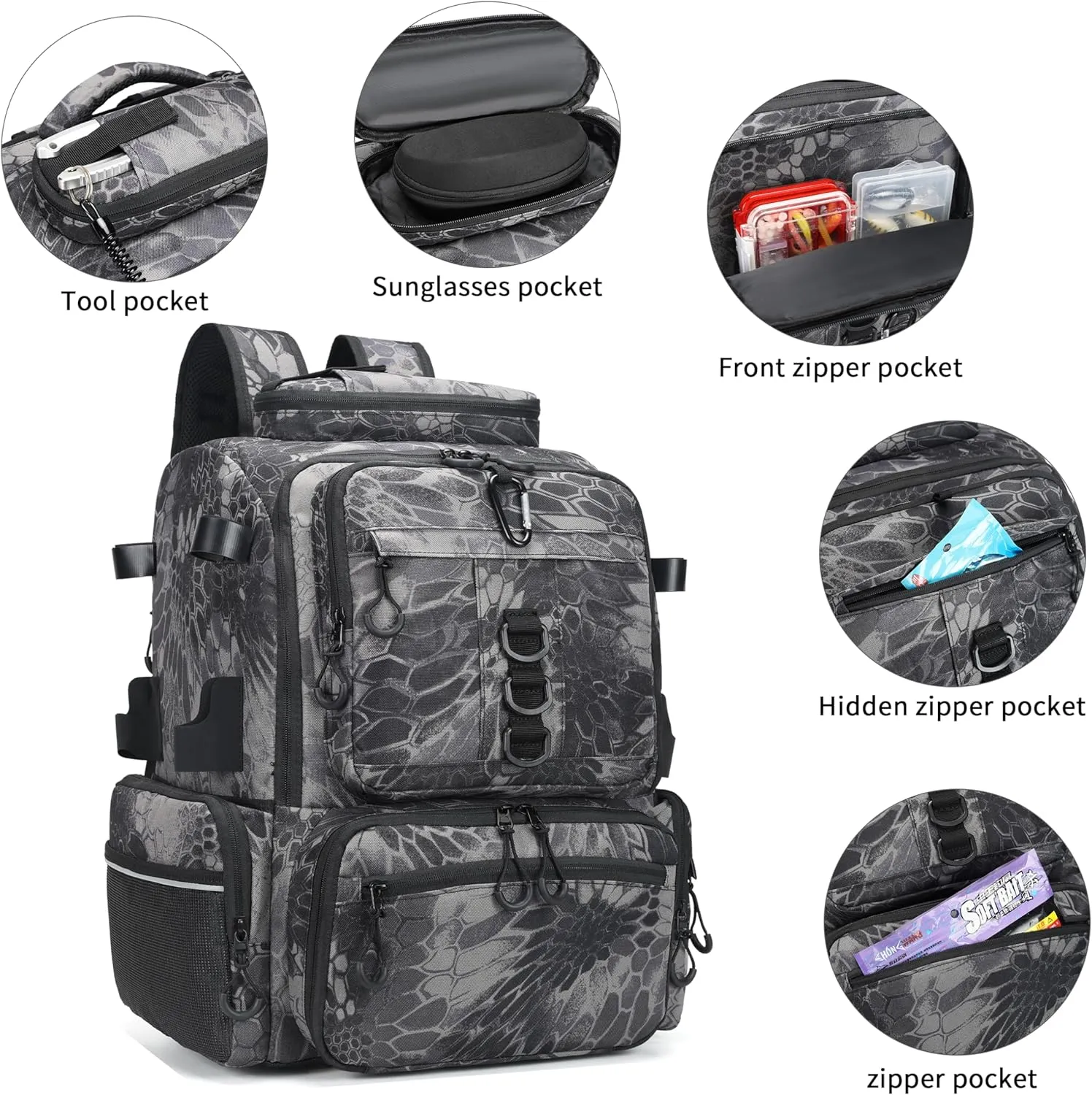 Rabjen Fishing Tackle Backpack, 45L Storage Waterproof Travel Bag Store Fishing Gear with Insulated Top Pocket