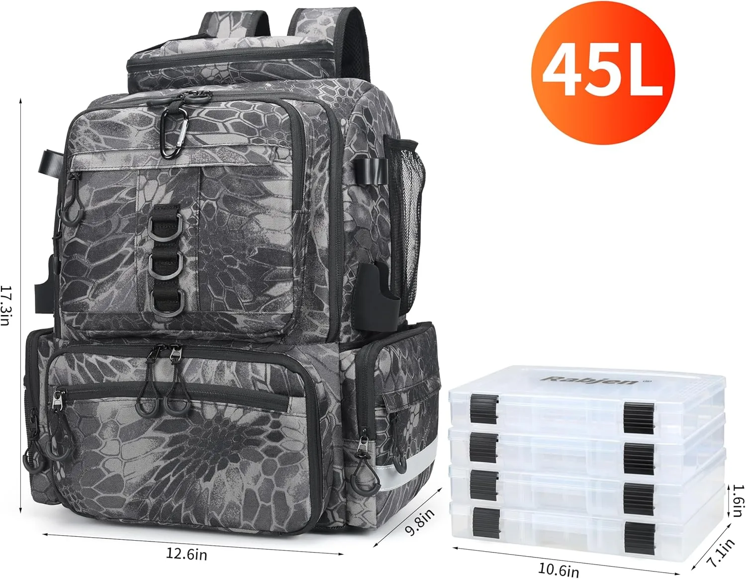 Rabjen Fishing Tackle Backpack, 45L Storage Waterproof Travel Bag Store Fishing Gear with Insulated Top Pocket