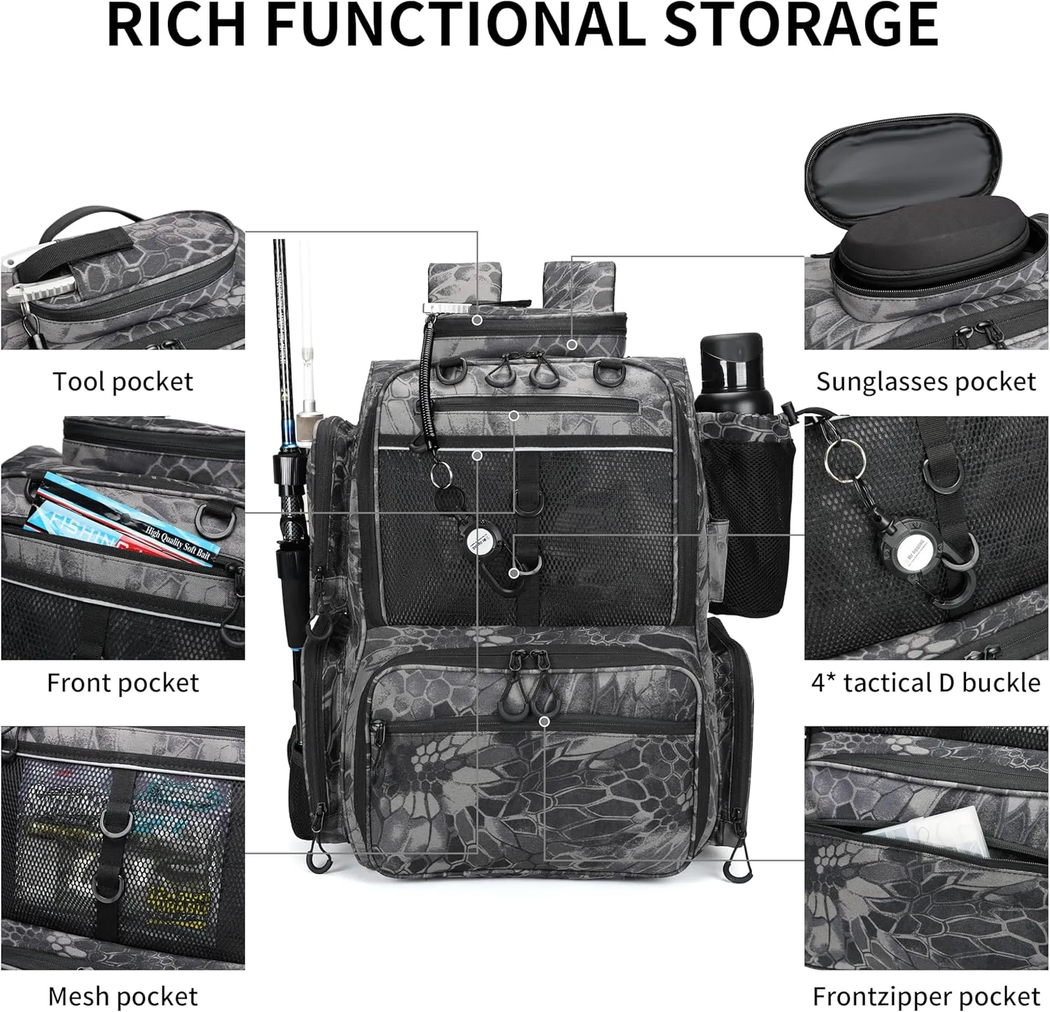 Rabjen Fishing Tackle Backpack with Rod Holders, Bottle Holder, Storage Bag Store Fishing Gear