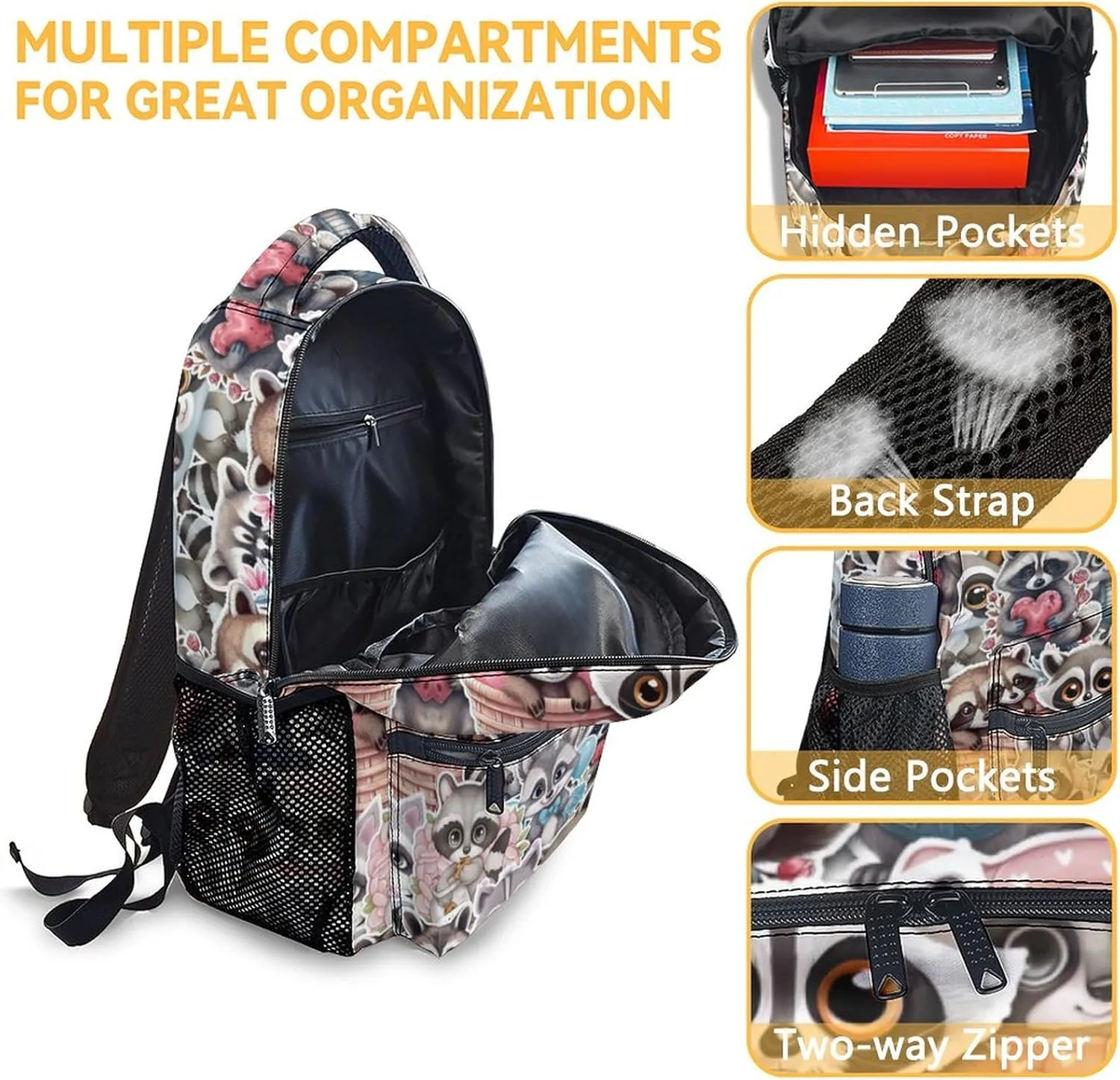 Raccoon Backpack for Girls Boys, 16 Inch Backpacks for School, Cute, Adjustable Straps, Durable, Lightweight, Large Capacity Bookbag for Kids