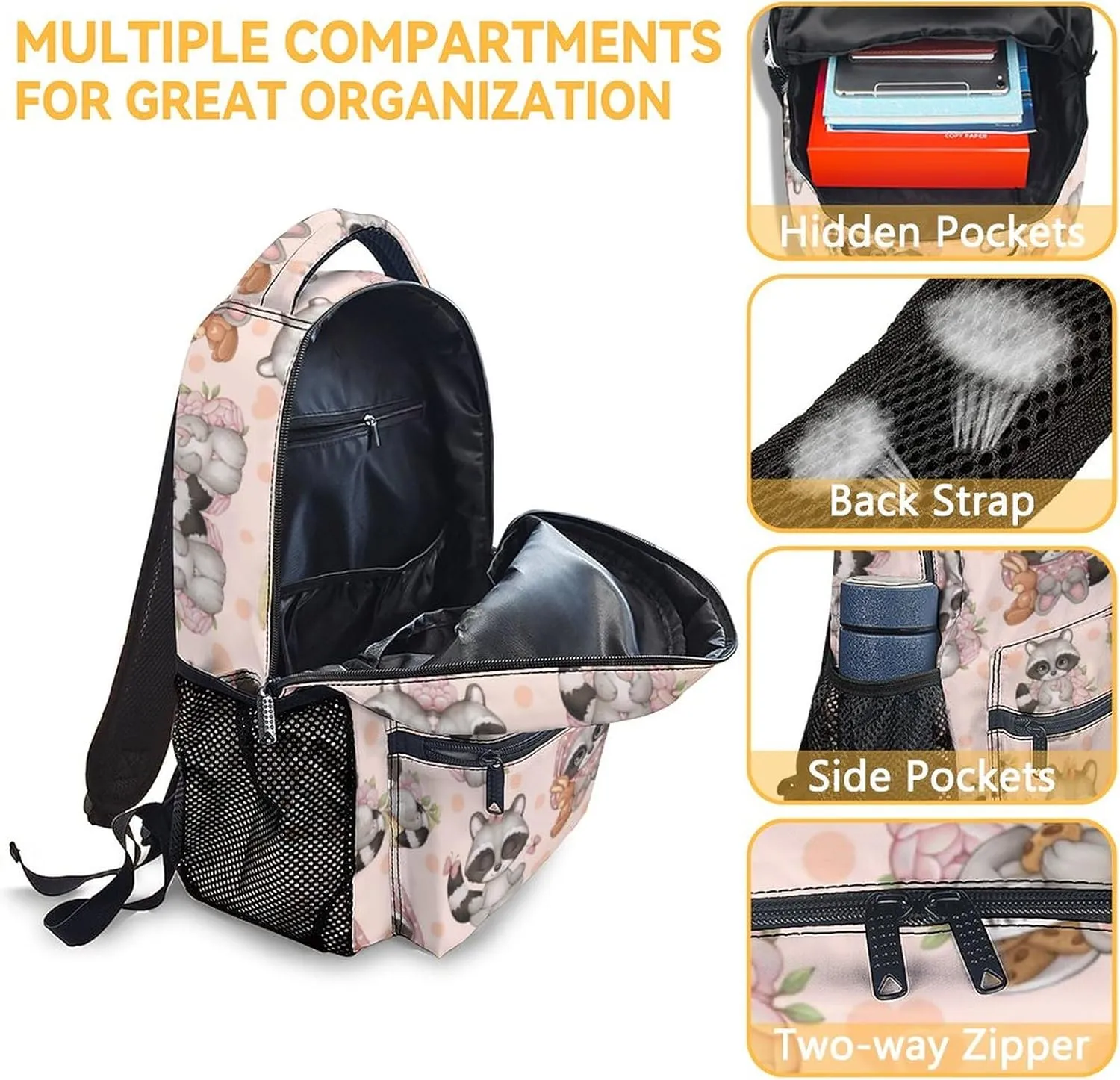 Raccoon Backpack for Girls Boys, 16 Inch Backpacks for School, Cute, Adjustable Straps, Durable, Lightweight, Large Capacity Bookbag for Kids
