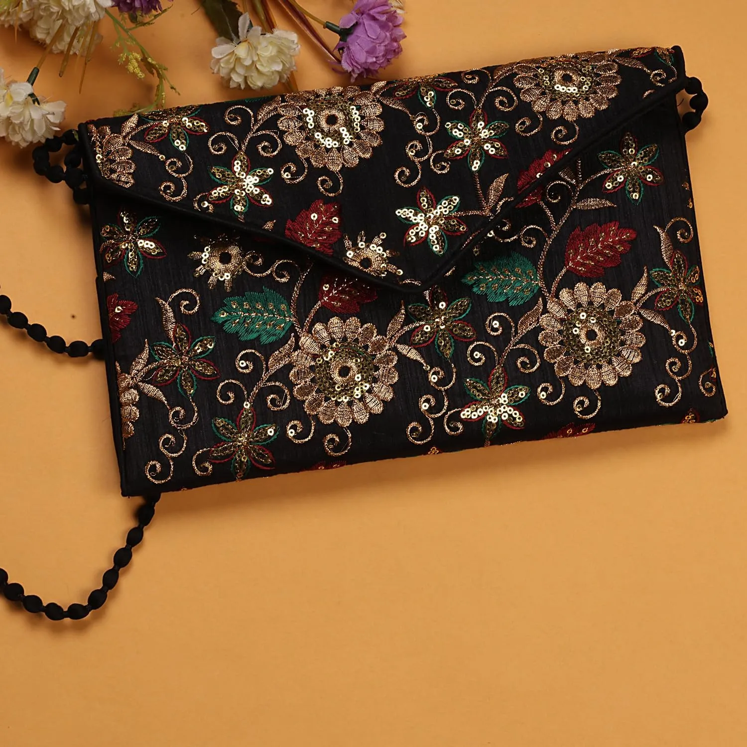 Rajasthani Indian Art Sling Bag Foldover Clutch Purse For Women, Indian Handcrafted Foldover Sling Clutch