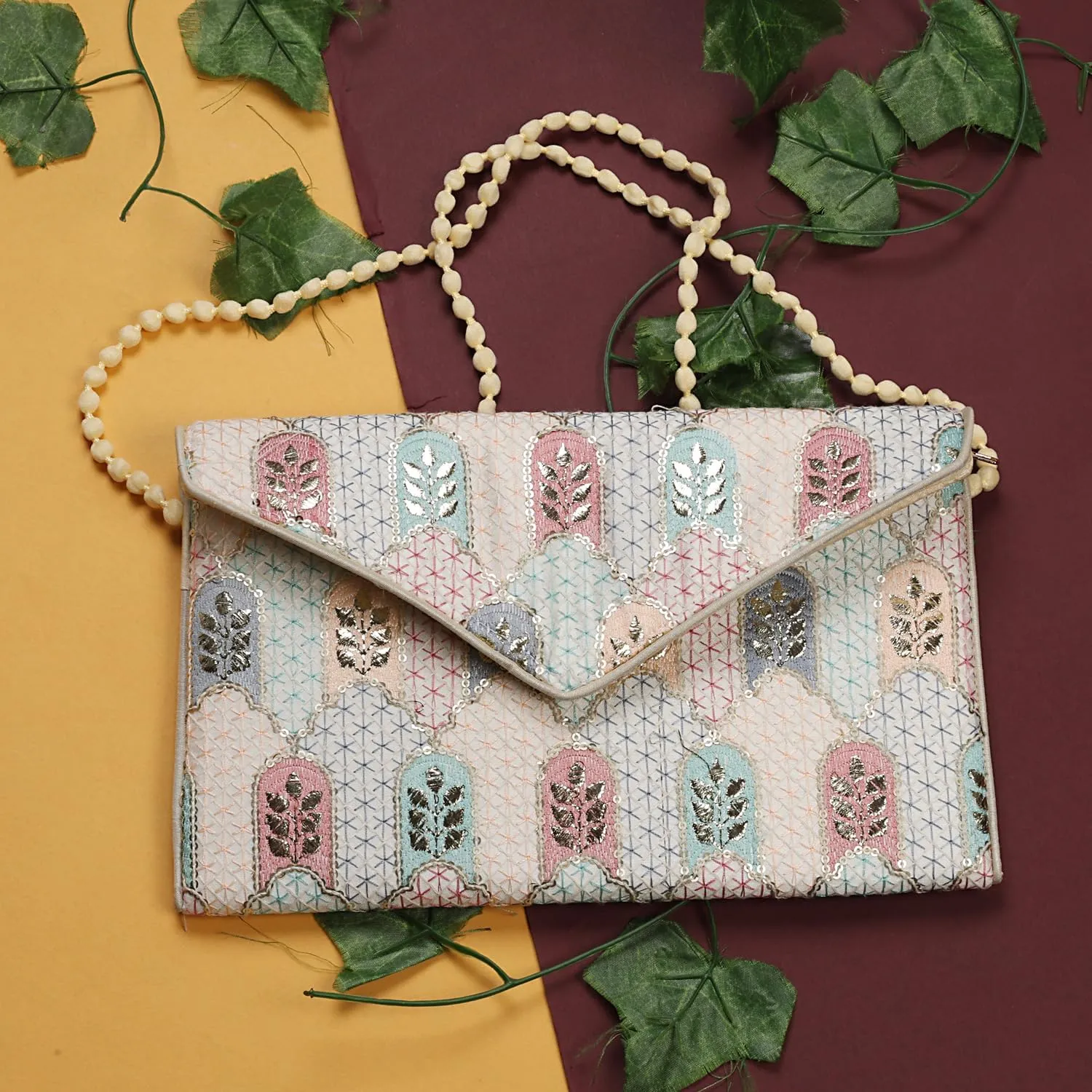 Rajasthani Indian Art Sling Bag Foldover Clutch Purse For Women, Indian Handcrafted Foldover Sling Clutch