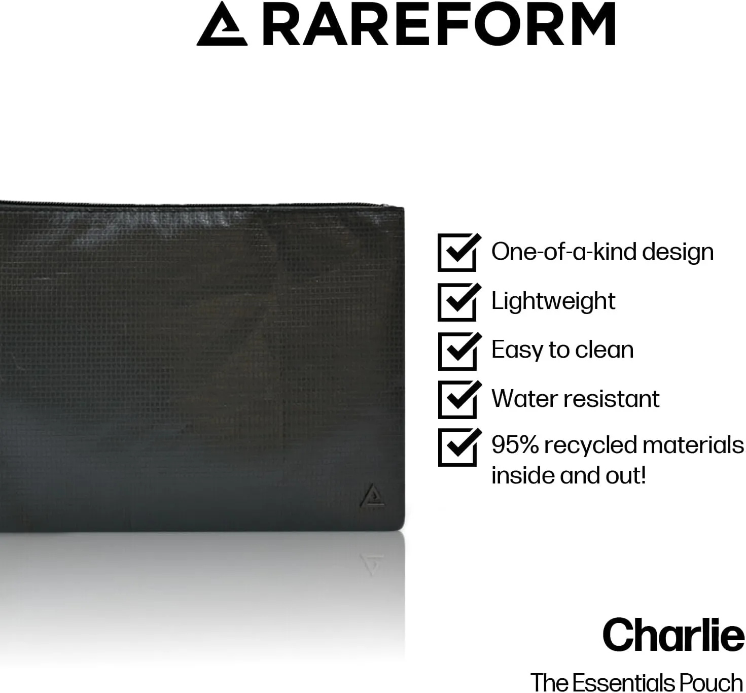 Rareform Charlie Pouch in Black | Lightweight, Recycled Material, Water-Resistant & Easy to Clean | Inner Fleece Lining