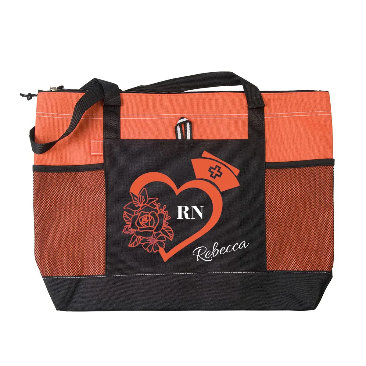 Rclover Personalized Nurse Tote Bag, Medical Zippered Tote Bag with Mesh Pocket Shoulder Bag, RN, LPN, CNA, PA, EMT (Orange)