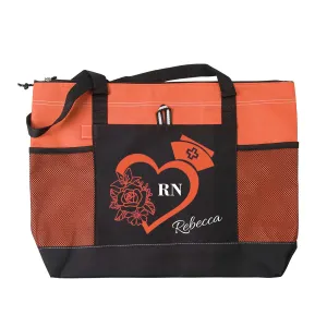 Rclover Personalized Nurse Tote Bag, Medical Zippered Tote Bag with Mesh Pocket Shoulder Bag, RN, LPN, CNA, PA, EMT (Orange)