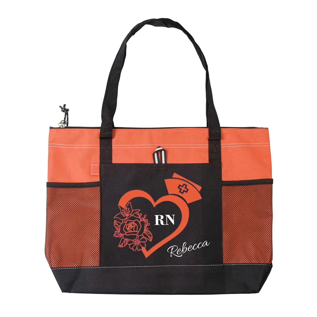 Rclover Personalized Nurse Tote Bag, Medical Zippered Tote Bag with Mesh Pocket Shoulder Bag, RN, LPN, CNA, PA, EMT (Orange)