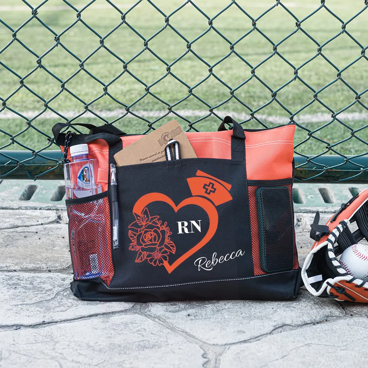 Rclover Personalized Nurse Tote Bag, Medical Zippered Tote Bag with Mesh Pocket Shoulder Bag, RN, LPN, CNA, PA, EMT (Orange)