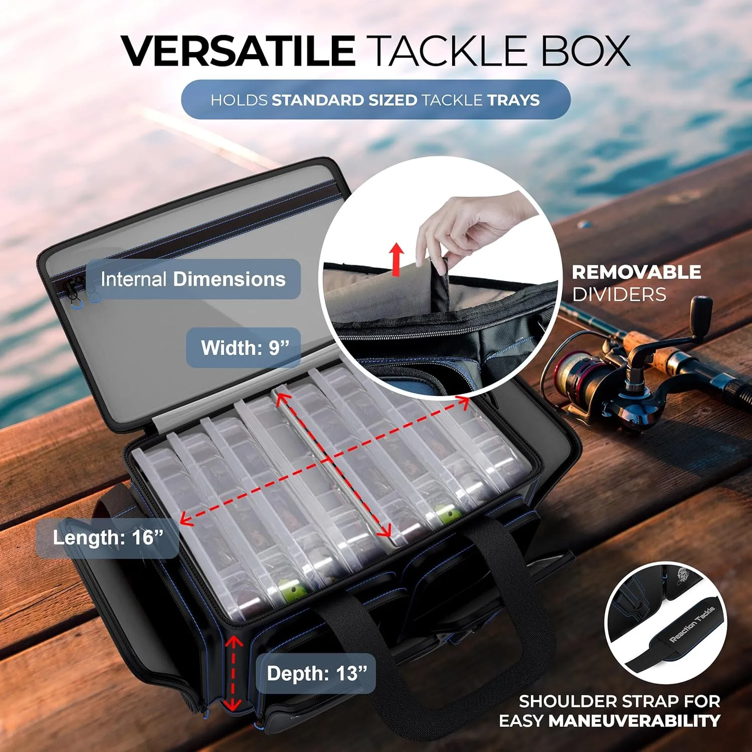 Reaction Tackle Fishing Tackle Bag – Salt Water Resistant Fishing Bag, 1000D PVC Waterproof Material, Tackle Box Organizer with Dividers for 3600 or 3700 Trays (Small, Medium, Backpack only fit 3600)