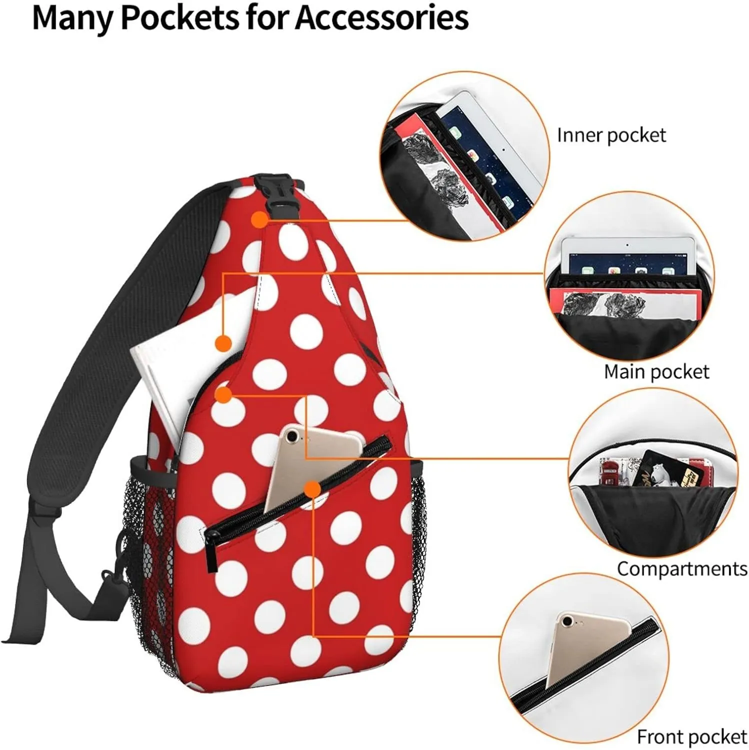 Red White Polka Dot Crossbody Bags for Women Trendy Sling Backpack Men Chest Shoulder Bag Gym Cycling Travel Hiking Daypack