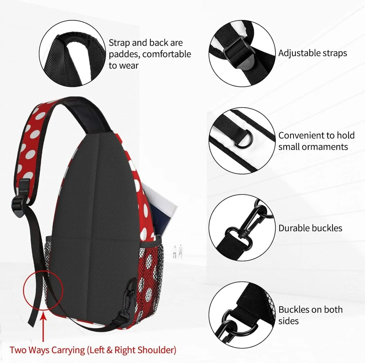 Red White Polka Dot Crossbody Bags for Women Trendy Sling Backpack Men Chest Shoulder Bag Gym Cycling Travel Hiking Daypack