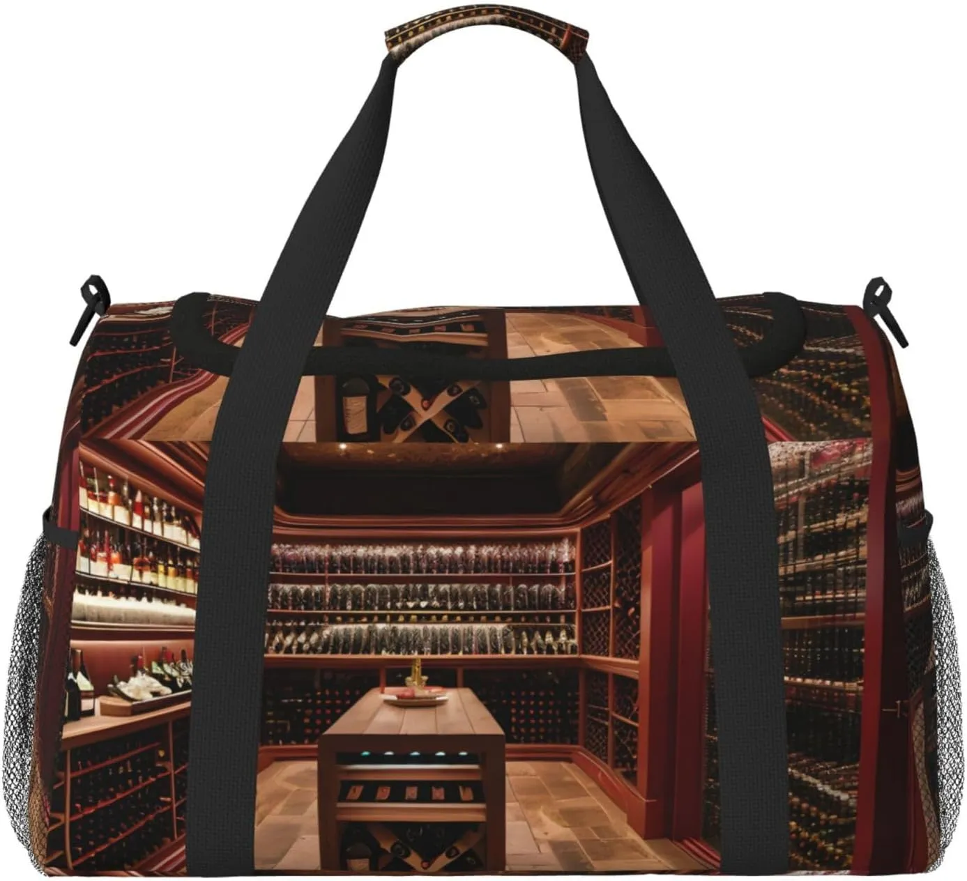Red Wine Cellar Travel Tote Bag â€“ Large Reusable Shopping Bag, Vacation Tote, Sports Duffel Bag with Adjustable Crossbody Strap
