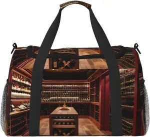 Red Wine Cellar Travel Tote Bag â€“ Large Reusable Shopping Bag, Vacation Tote, Sports Duffel Bag with Adjustable Crossbody Strap