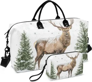 Reindeer Snowy Forest Travel Duffel Bag Gym Bag Sports Tote Bag with Multiple Interior Pockets Shoulder Weekender Bag for Women Men with Toiletry Bag 20.5”x 7.9”x 13.8”