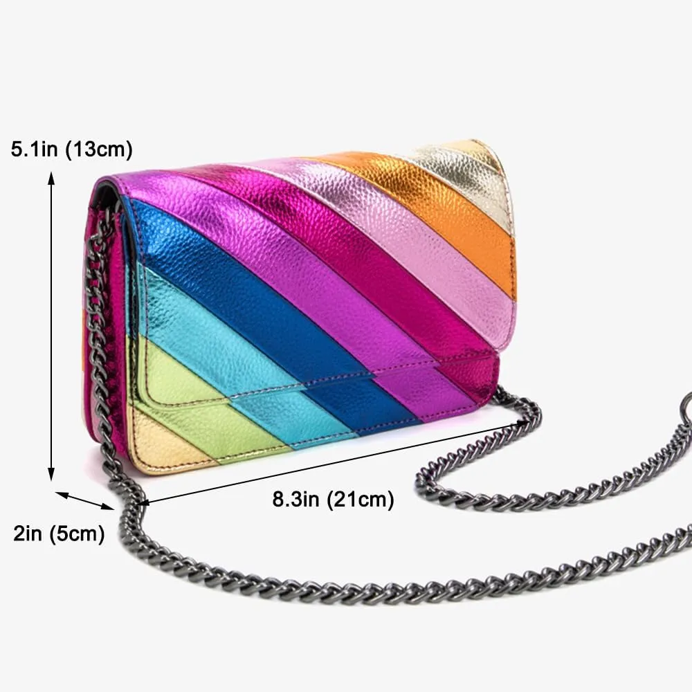 Rejolly Rainbow Stripe Crossbody Shoulder Bag for Women Color Blocking PU Leather Colourful Purse with Chain Strap