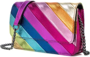 Rejolly Rainbow Stripe Crossbody Shoulder Bag for Women Color Blocking PU Leather Colourful Purse with Chain Strap