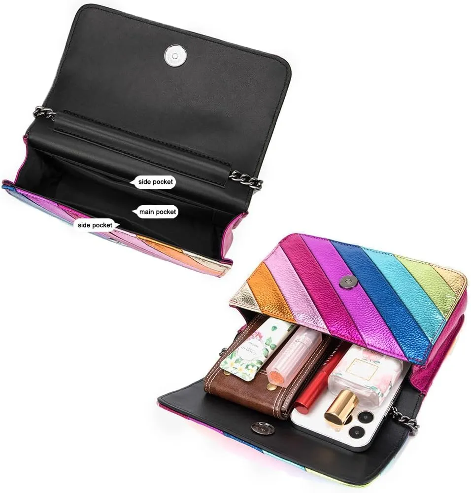 Rejolly Rainbow Stripe Crossbody Shoulder Bag for Women Color Blocking PU Leather Colourful Purse with Chain Strap