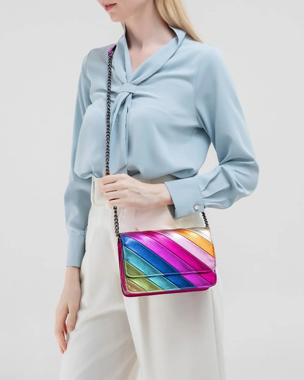 Rejolly Rainbow Stripe Crossbody Shoulder Bag for Women Color Blocking PU Leather Colourful Purse with Chain Strap