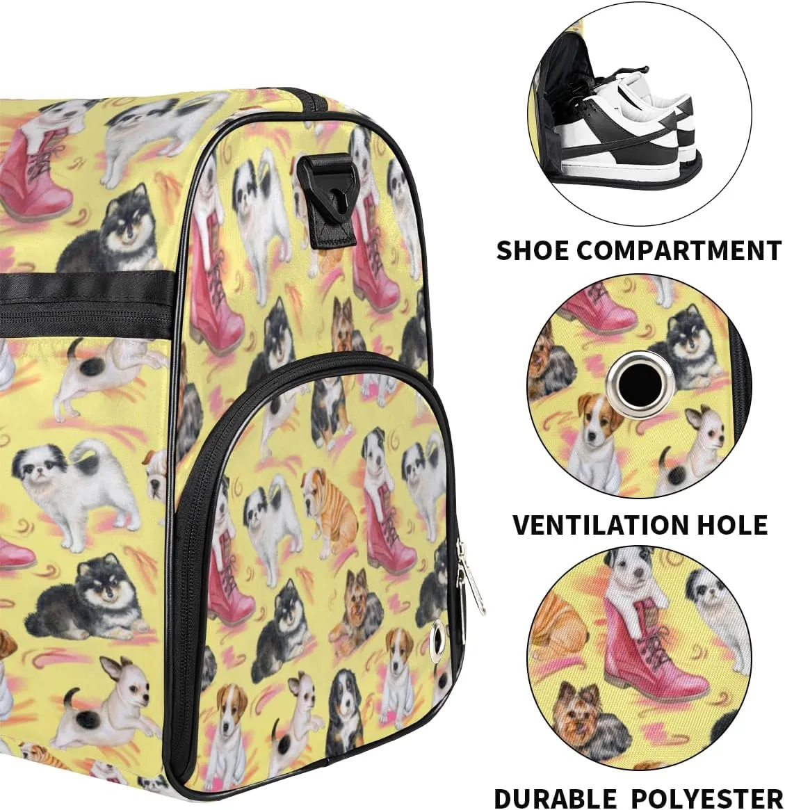 Retro Dogs Pattern Sports Gym Bag for Women Men Travel Duffel Bag with Wet Pocket & Shoes Compartment Waterproof Weekender Overnight Tote Carry on Bag Lightweight