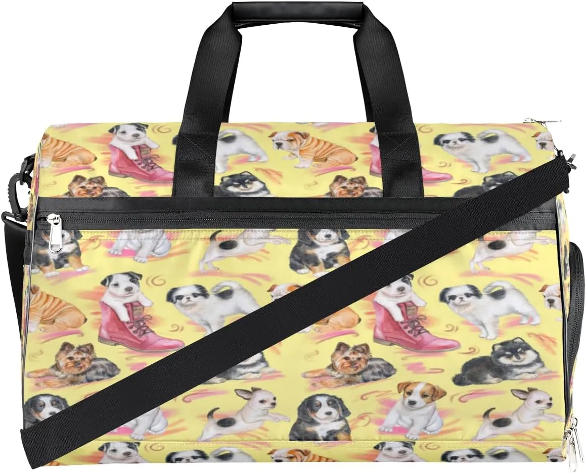 Retro Dogs Pattern Sports Gym Bag for Women Men Travel Duffel Bag with Wet Pocket & Shoes Compartment Waterproof Weekender Overnight Tote Carry on Bag Lightweight