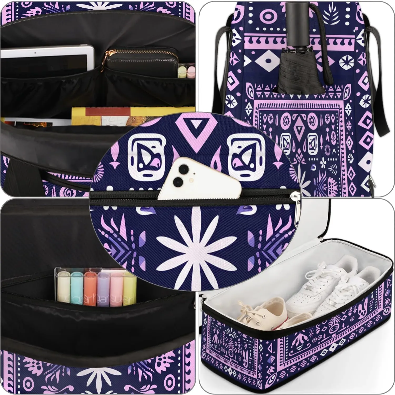 Retro Flora Boho Pattern Travel Duffle Bag, Collapsible Travel Bag Sports Gym Bag With Shoes Compartment Weekender Bag Overnight Bag For Women Men