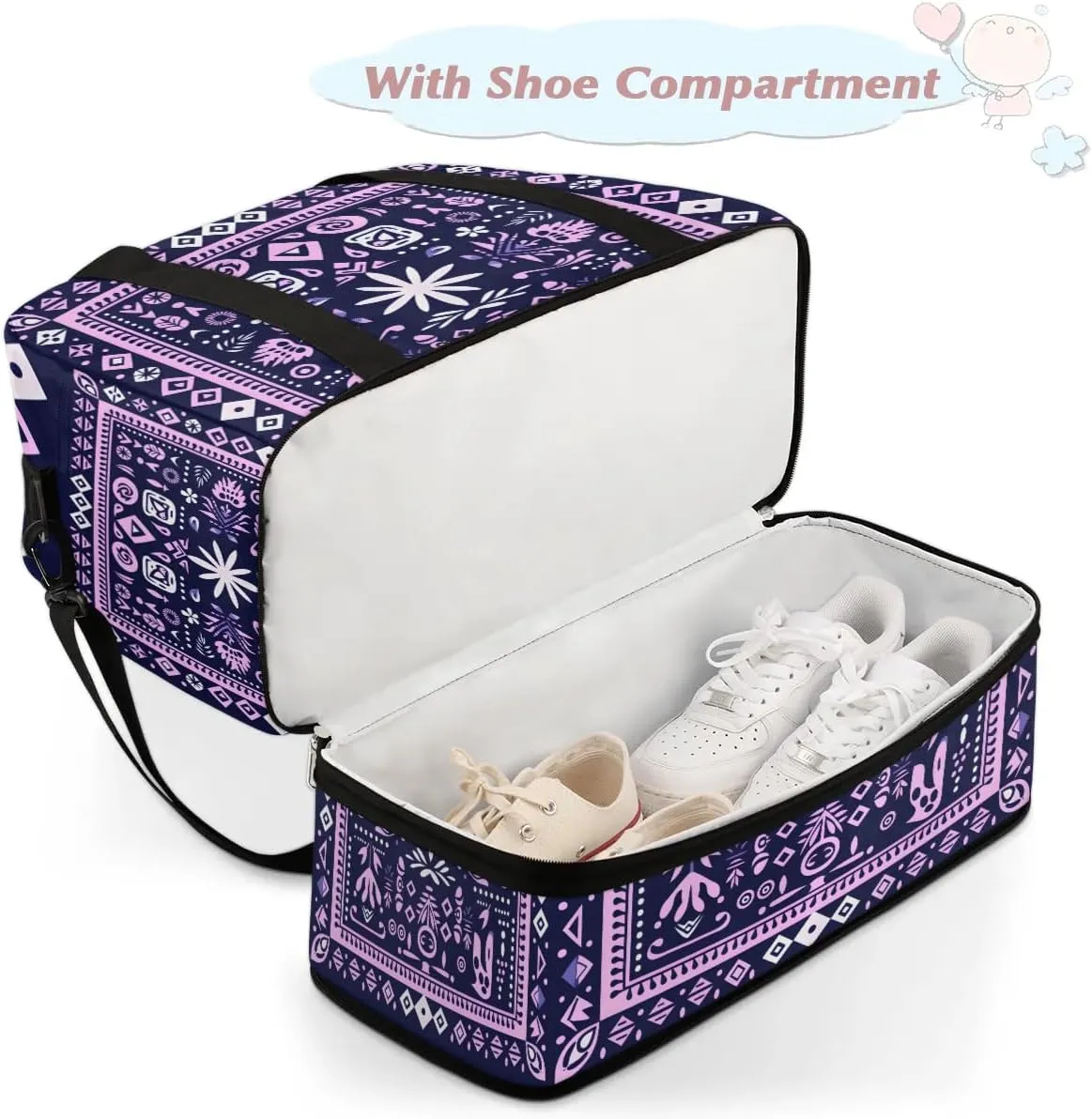 Retro Flora Boho Pattern Travel Duffle Bag, Collapsible Travel Bag Sports Gym Bag With Shoes Compartment Weekender Bag Overnight Bag For Women Men