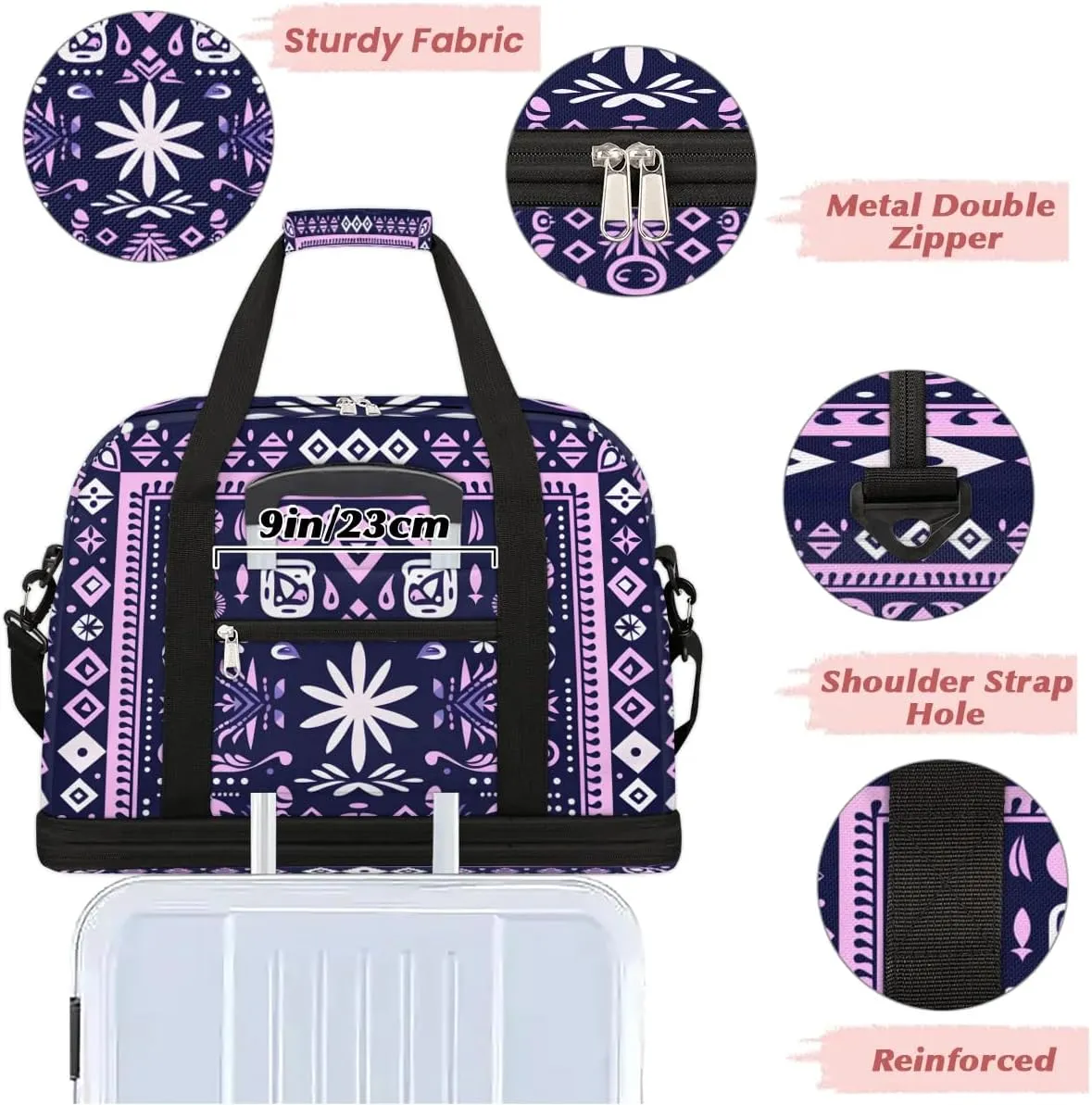 Retro Flora Boho Pattern Travel Duffle Bag, Collapsible Travel Bag Sports Gym Bag With Shoes Compartment Weekender Bag Overnight Bag For Women Men