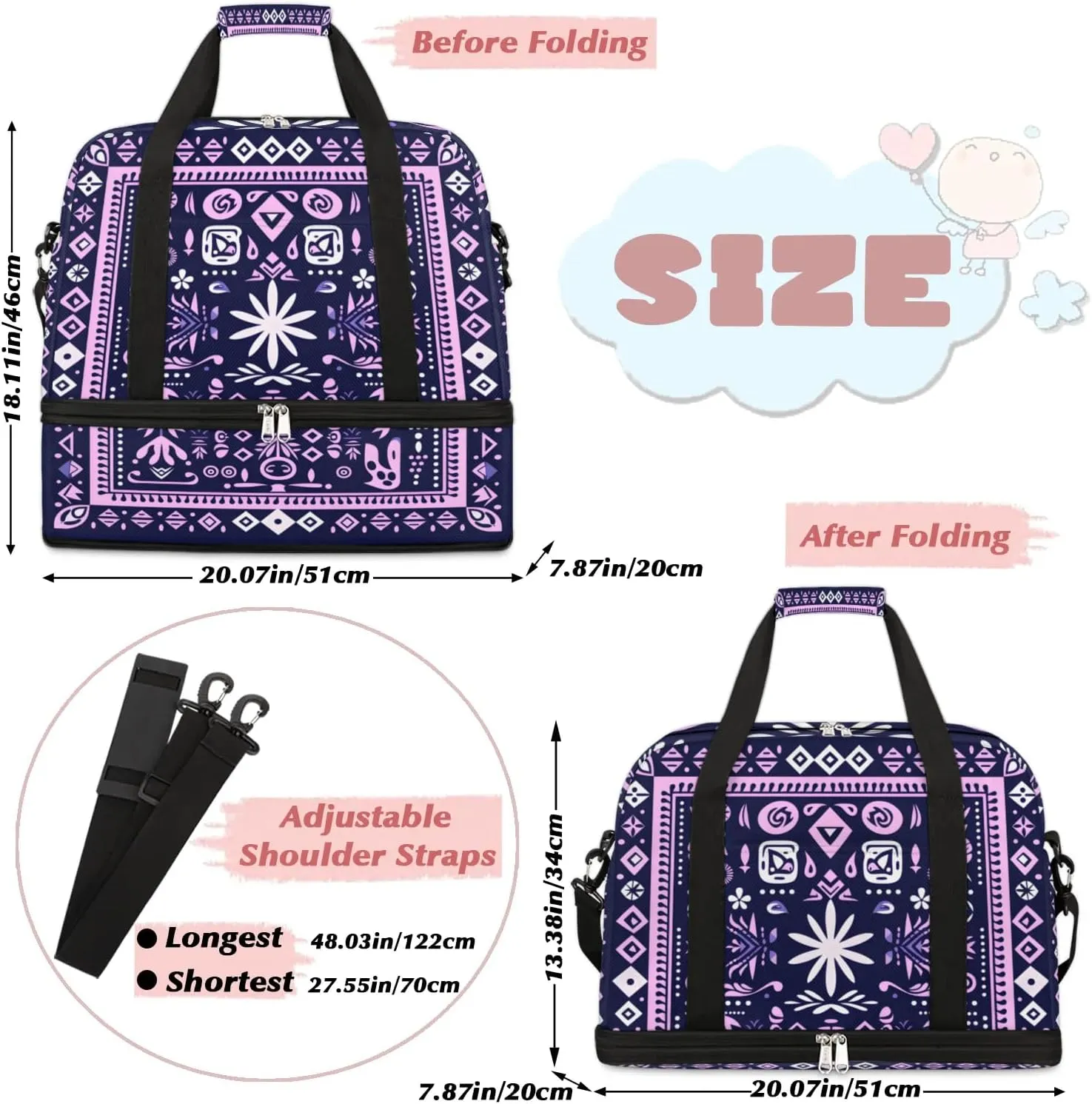 Retro Flora Boho Pattern Travel Duffle Bag, Collapsible Travel Bag Sports Gym Bag With Shoes Compartment Weekender Bag Overnight Bag For Women Men