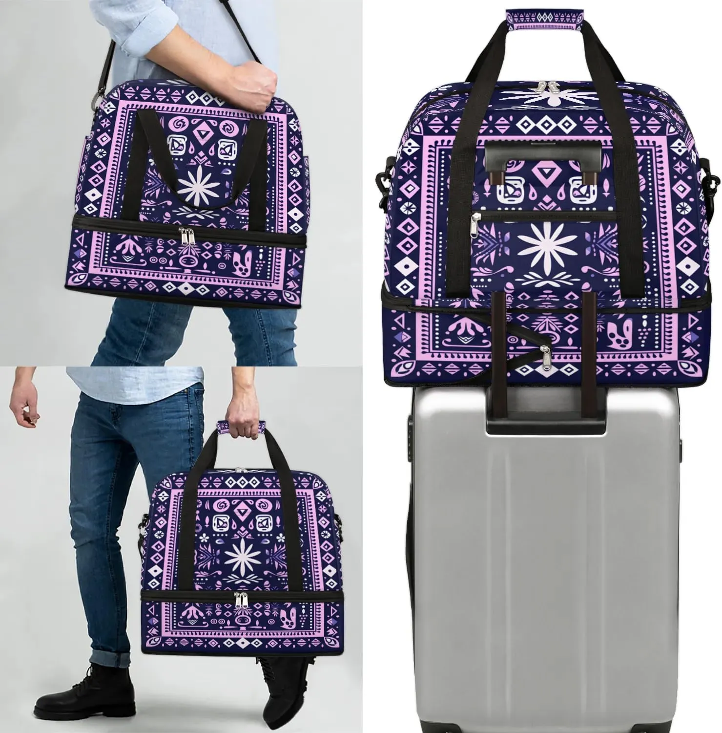 Retro Flora Boho Pattern Travel Duffle Bag, Collapsible Travel Bag Sports Gym Bag With Shoes Compartment Weekender Bag Overnight Bag For Women Men