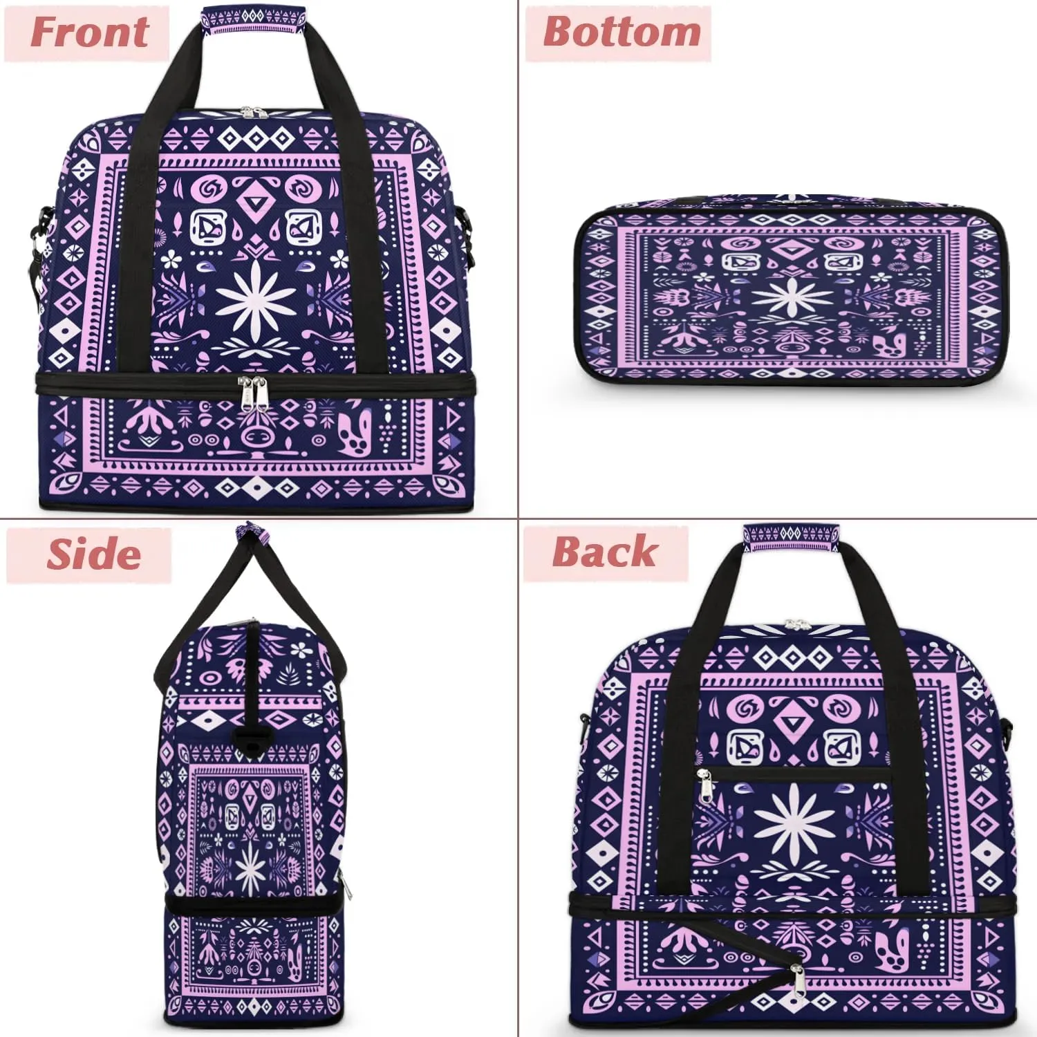 Retro Flora Boho Pattern Travel Duffle Bag, Collapsible Travel Bag Sports Gym Bag With Shoes Compartment Weekender Bag Overnight Bag For Women Men