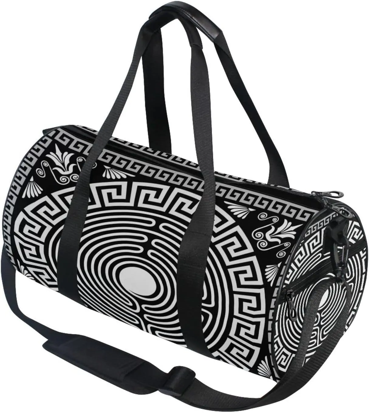 Retro Traditional Black White Greek Ornament Labyrinth Floral Duffel Bag, Foldable Canvas Travel Tote for Gym Sports with Inner Pockets, Durable Lightweight Fitness Bag for Overnight Workout
