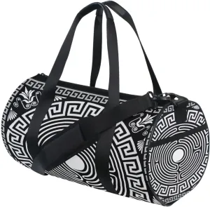 Retro Traditional Black White Greek Ornament Labyrinth Floral Duffel Bag, Foldable Canvas Travel Tote for Gym Sports with Inner Pockets, Durable Lightweight Fitness Bag for Overnight Workout