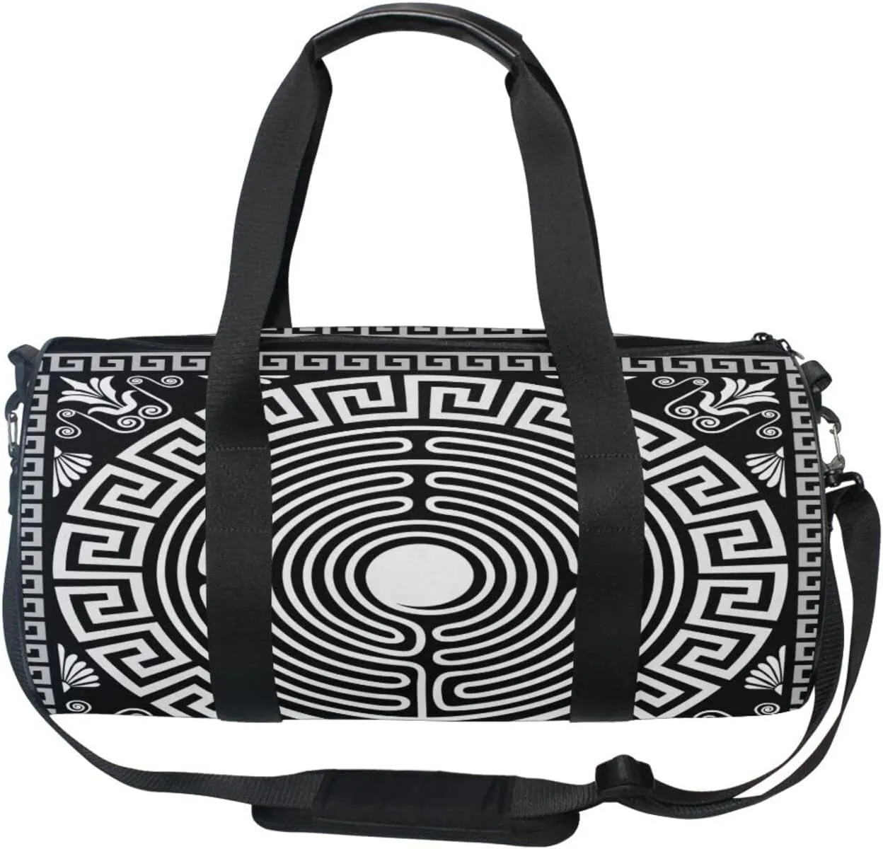 Retro Traditional Black White Greek Ornament Labyrinth Floral Duffel Bag, Foldable Canvas Travel Tote for Gym Sports with Inner Pockets, Durable Lightweight Fitness Bag for Overnight Workout