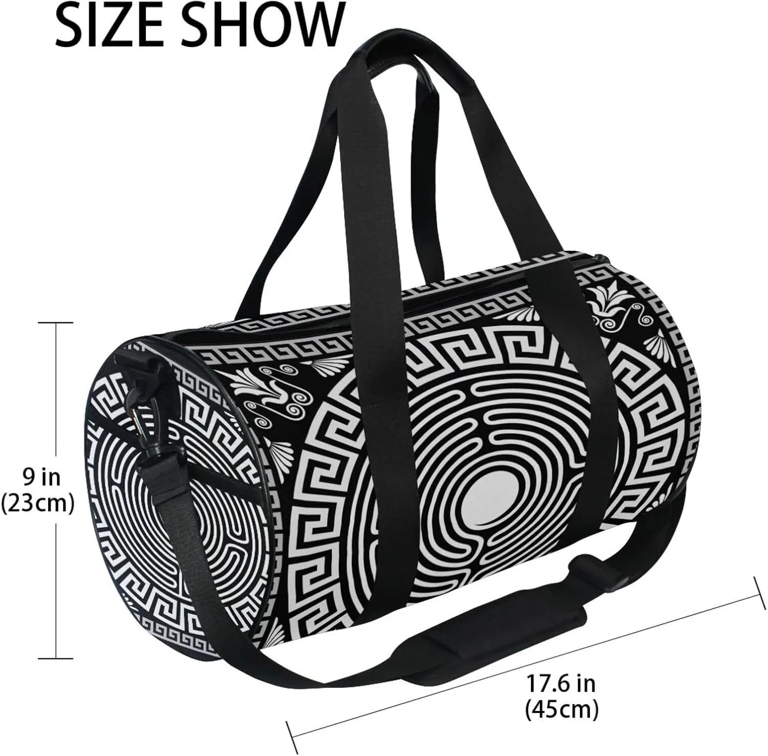 Retro Traditional Black White Greek Ornament Labyrinth Floral Duffel Bag, Foldable Canvas Travel Tote for Gym Sports with Inner Pockets, Durable Lightweight Fitness Bag for Overnight Workout