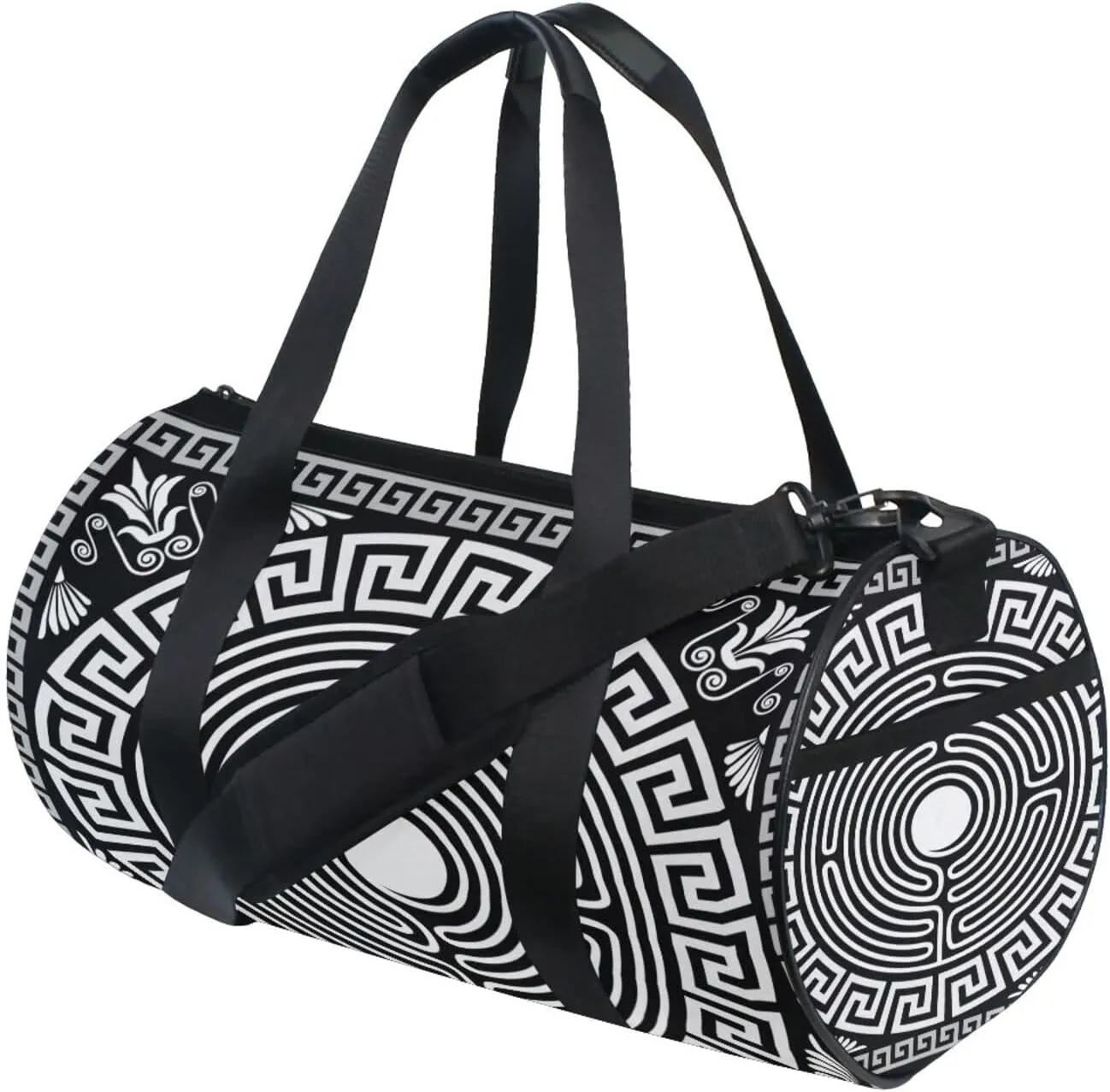 Retro Traditional Black White Greek Ornament Labyrinth Floral Duffel Bag, Foldable Canvas Travel Tote for Gym Sports with Inner Pockets, Durable Lightweight Fitness Bag for Overnight Workout