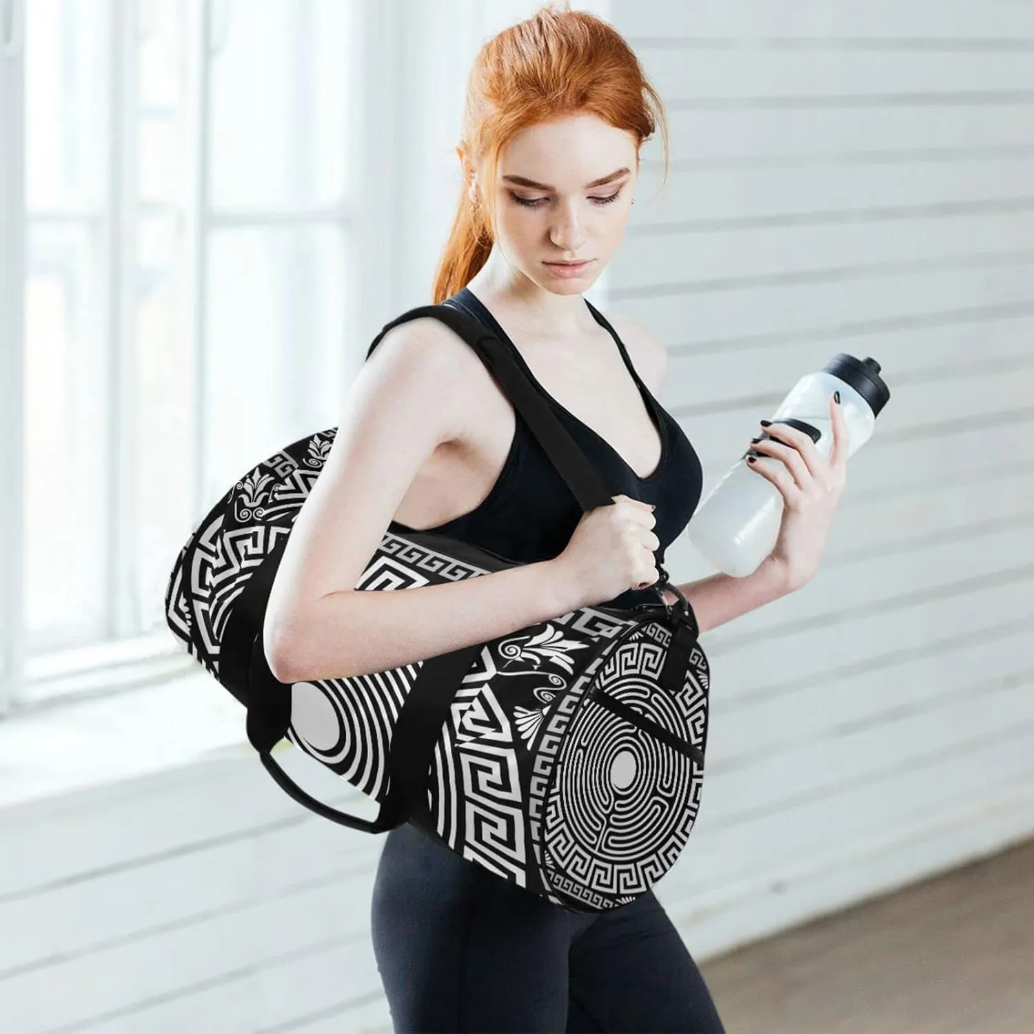 Retro Traditional Black White Greek Ornament Labyrinth Floral Duffel Bag, Foldable Canvas Travel Tote for Gym Sports with Inner Pockets, Durable Lightweight Fitness Bag for Overnight Workout