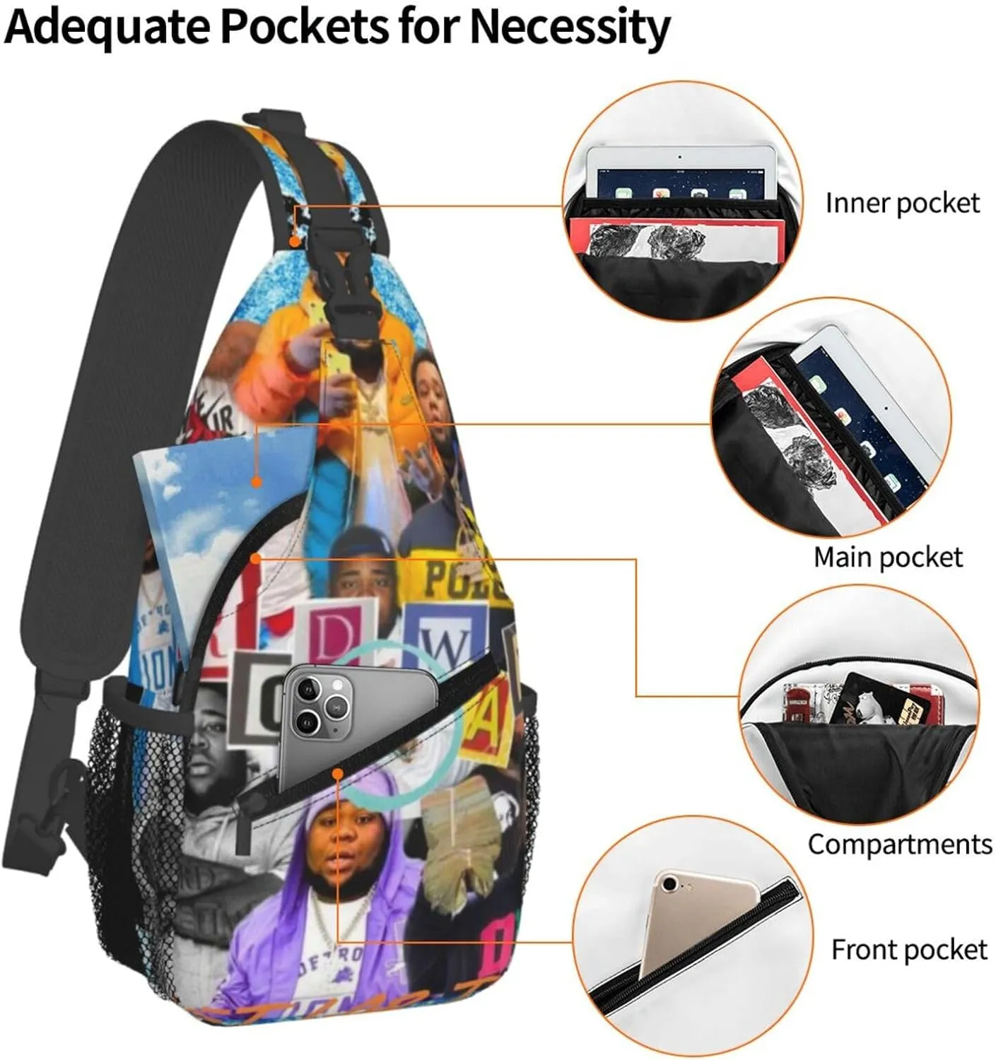 Rod Music Wave Fashion Casual Crossbody Bag Chest Bag Sling Bag Travel Daypack For Women Men Black