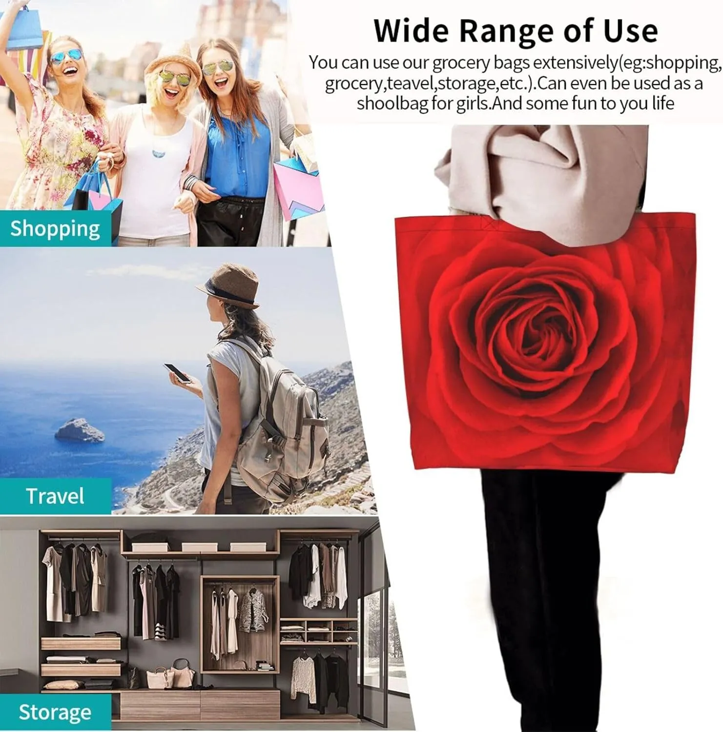 Rose Canvas Tote Bag Rose Flower Shoulder Bag Handbag Flower Casual Women Grocery Bags Womens Bag for Outdoor