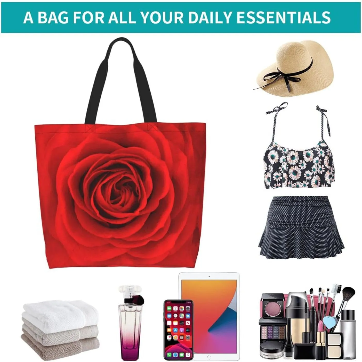Rose Canvas Tote Bag Rose Flower Shoulder Bag Handbag Flower Casual Women Grocery Bags Womens Bag for Outdoor