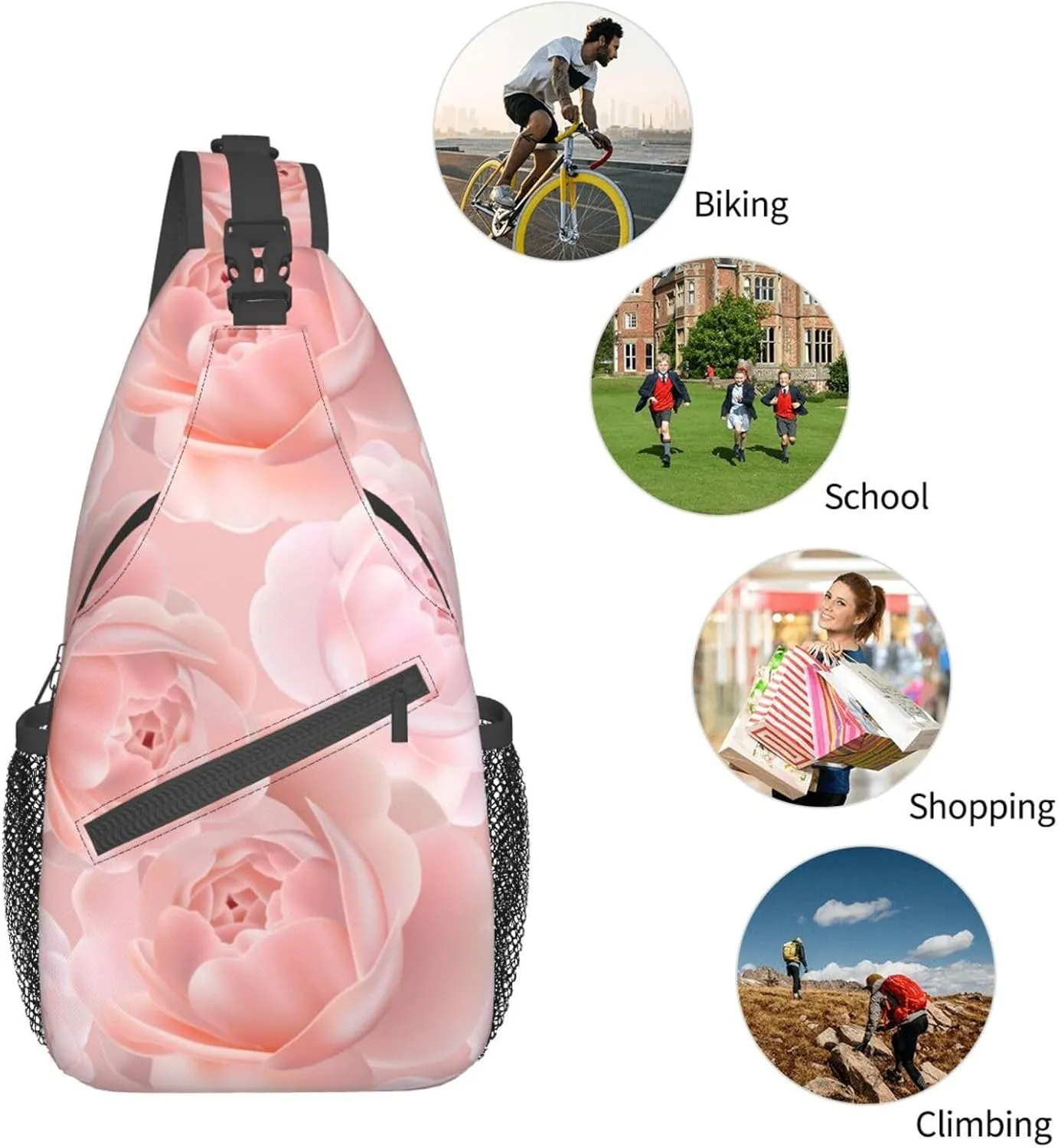 Rose Shoulder Bag Flower Sling Backpack Daypack Casual Cute Hiking Bag Womens Backpack Bag for Outdoor