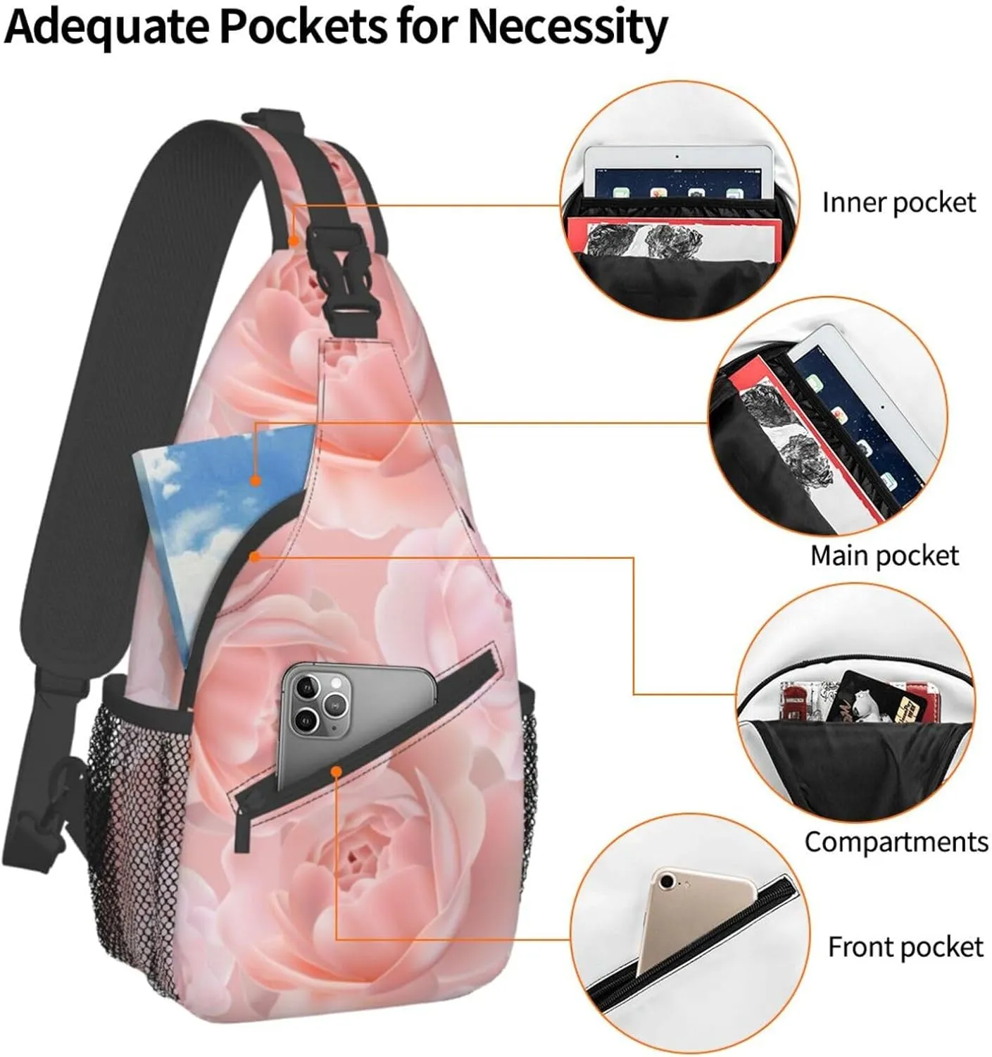 Rose Shoulder Bag Flower Sling Backpack Daypack Casual Cute Hiking Bag Womens Backpack Bag for Outdoor