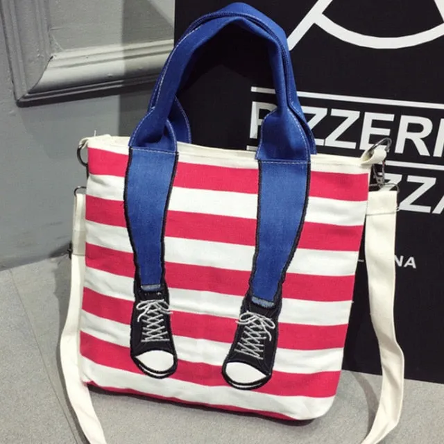 RURU monkey Bag For Women Canvas Material Hit Color Large Capacity Handbag Ladies Vertical Zipper Stripe Shoulder Bag