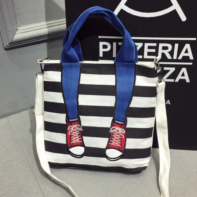 RURU monkey Bag For Women Canvas Material Hit Color Large Capacity Handbag Ladies Vertical Zipper Stripe Shoulder Bag
