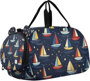 Sailboat Blue Duffle Bag for Toddler Girls Boys, Sports Gym Bag with Shoe Compartments, Kids Travel Overnight Weekender Shoulder Bag