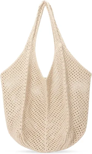 SANSTHS Crochet Mesh Beach Tote Bag Retro Hobo Knitted Bag Woven Tote Summer Shoulder Bag for Women