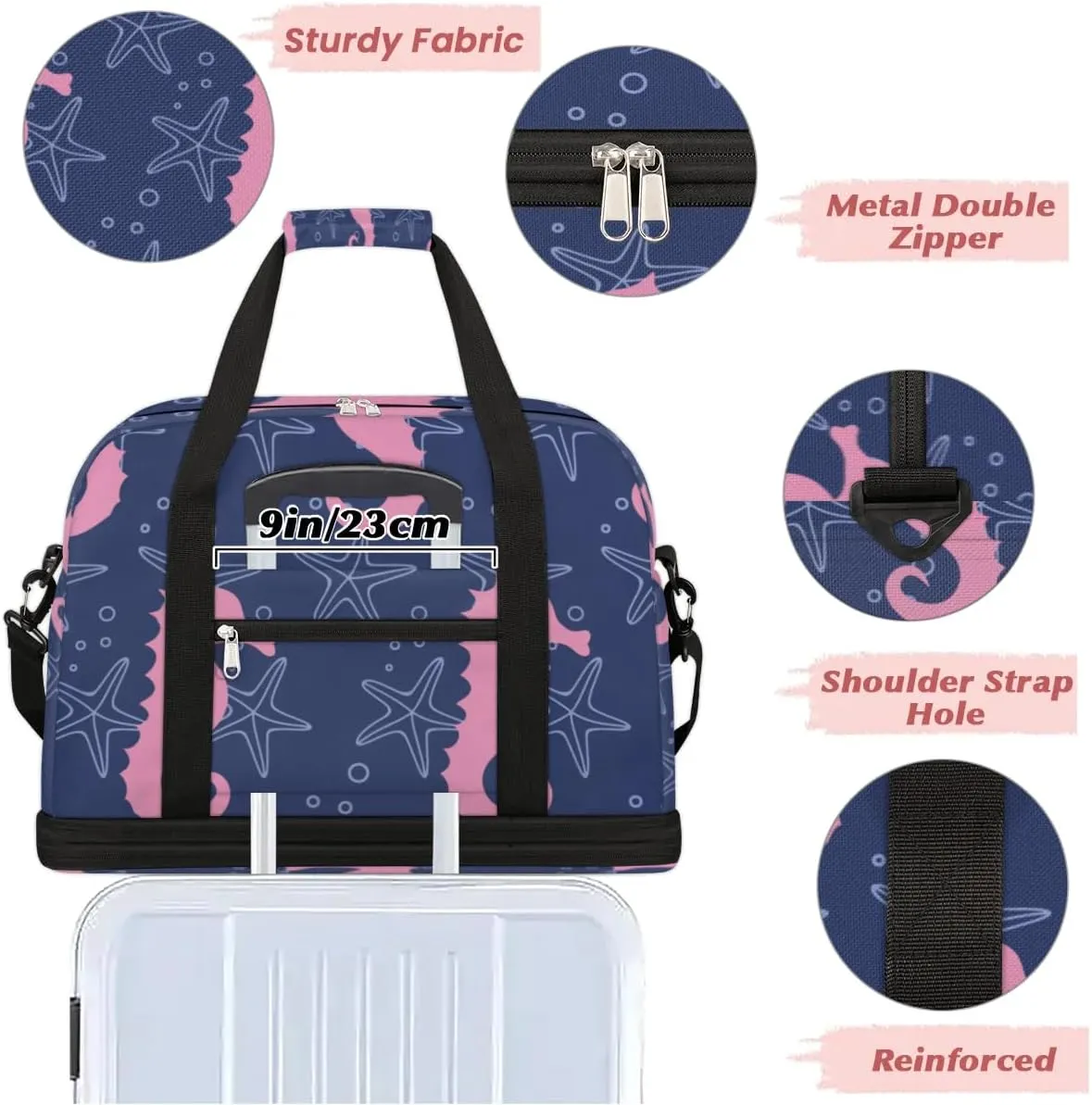 Seahorse Sports Gym Bag with Shoes Compartment Foldable Travel Duffel Bag Dry Wet Separated Sports Tote Workout Weekender Overnight Bag for Women Yoga Dance Work Training Handbag